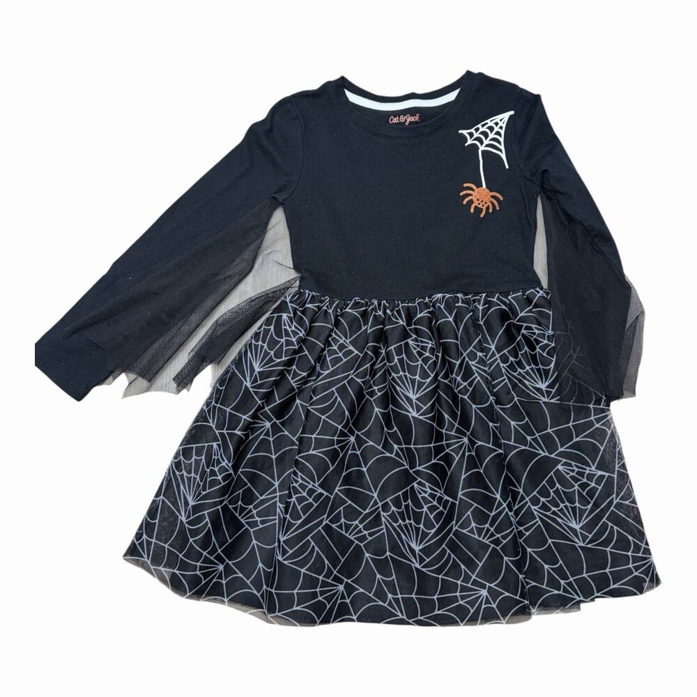 Cat & Jack Girls Halloween Dress Spiderweb, Bat Arms Tulle Size 6